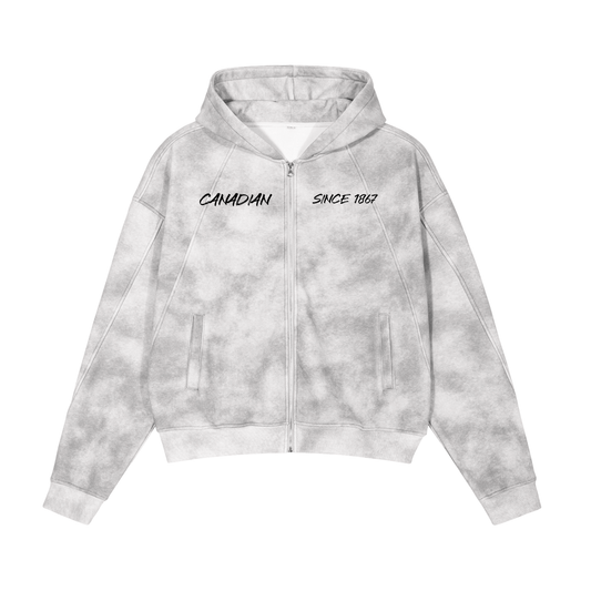 Dirty Washed Boxy Zip-up Fleece Hoodie with our canadian design